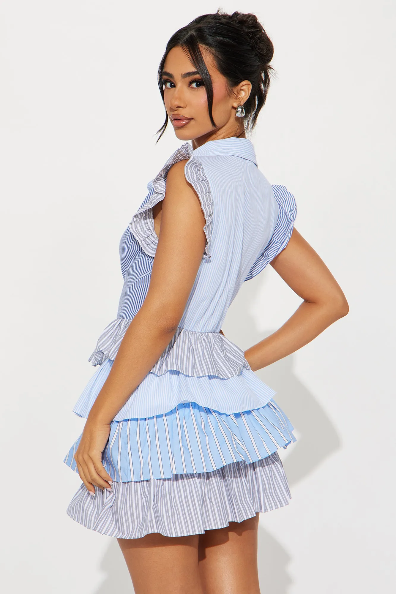 Around The Way Pinstripe Babydoll Mini Dress - Blue