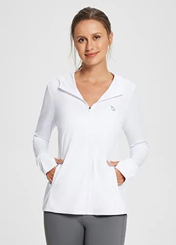 BALEAF Women's UPF 50  Sun Protection Long Sleeve Zipper Hooded Neck White Shirt 2XL