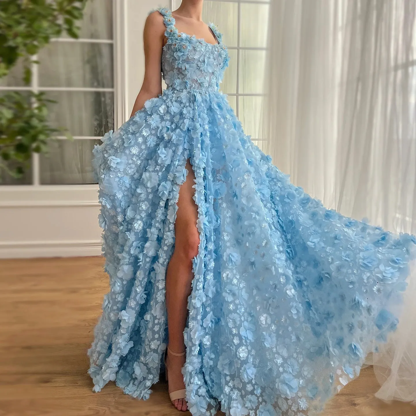 Chic Lilac 3D Embroidered Flowers Slit Evening Dress SS357