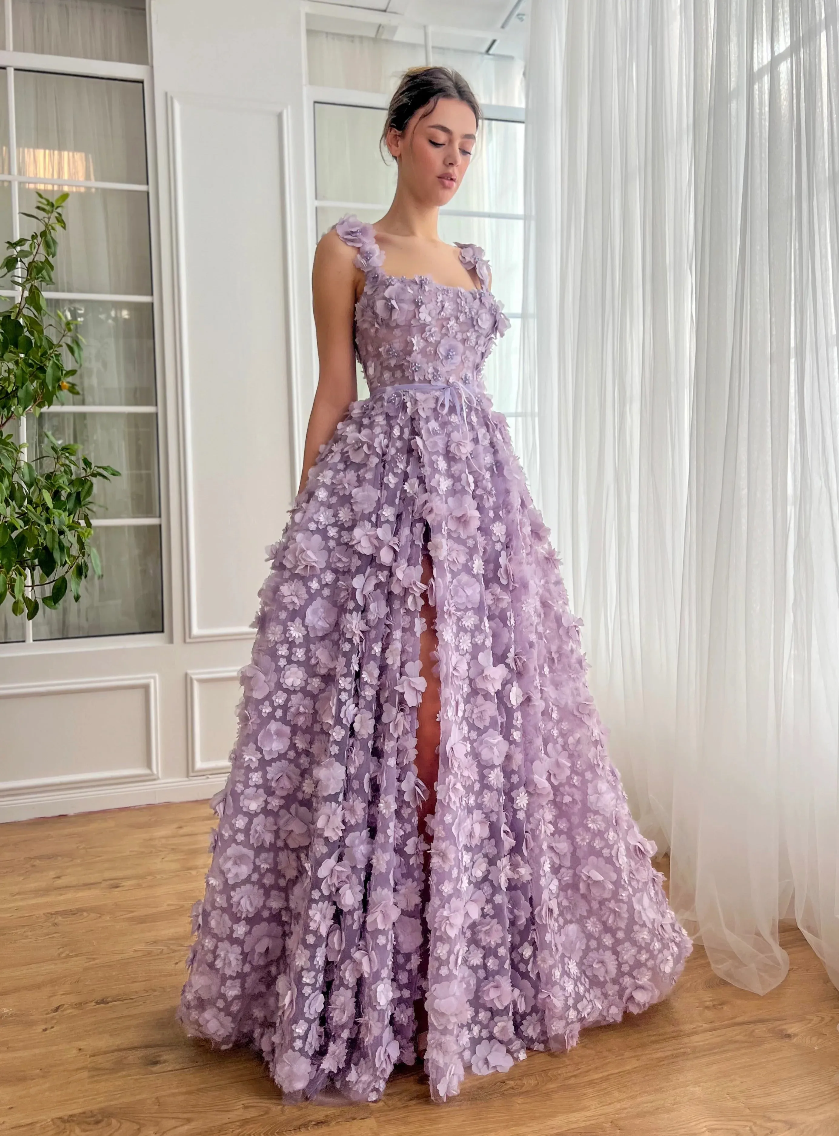 Chic Lilac 3D Embroidered Flowers Slit Evening Dress SS357