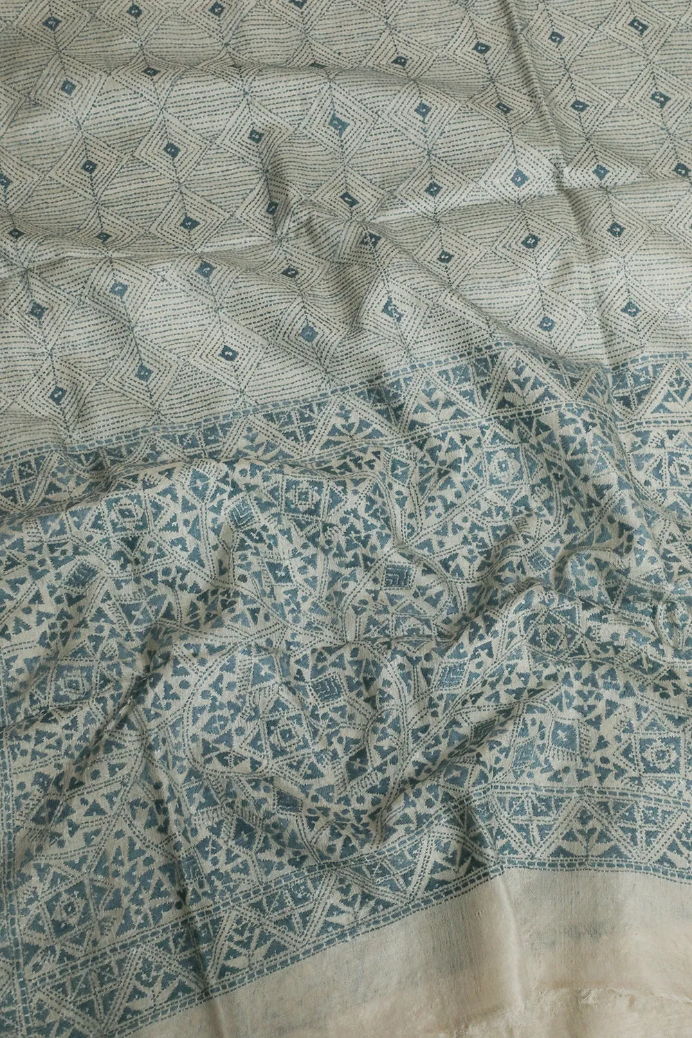 Cream Intricate Kantha Tussar Silk Dupatta