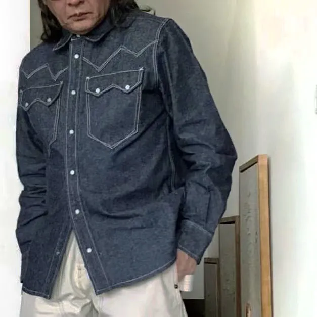 DDL 319R-DIABLO SWT-BG REGULAR FIT 2 POCKET WESTERN SANDED GREY BLUE DENIM SHIRT-11OZ-E1 GREY BLUE