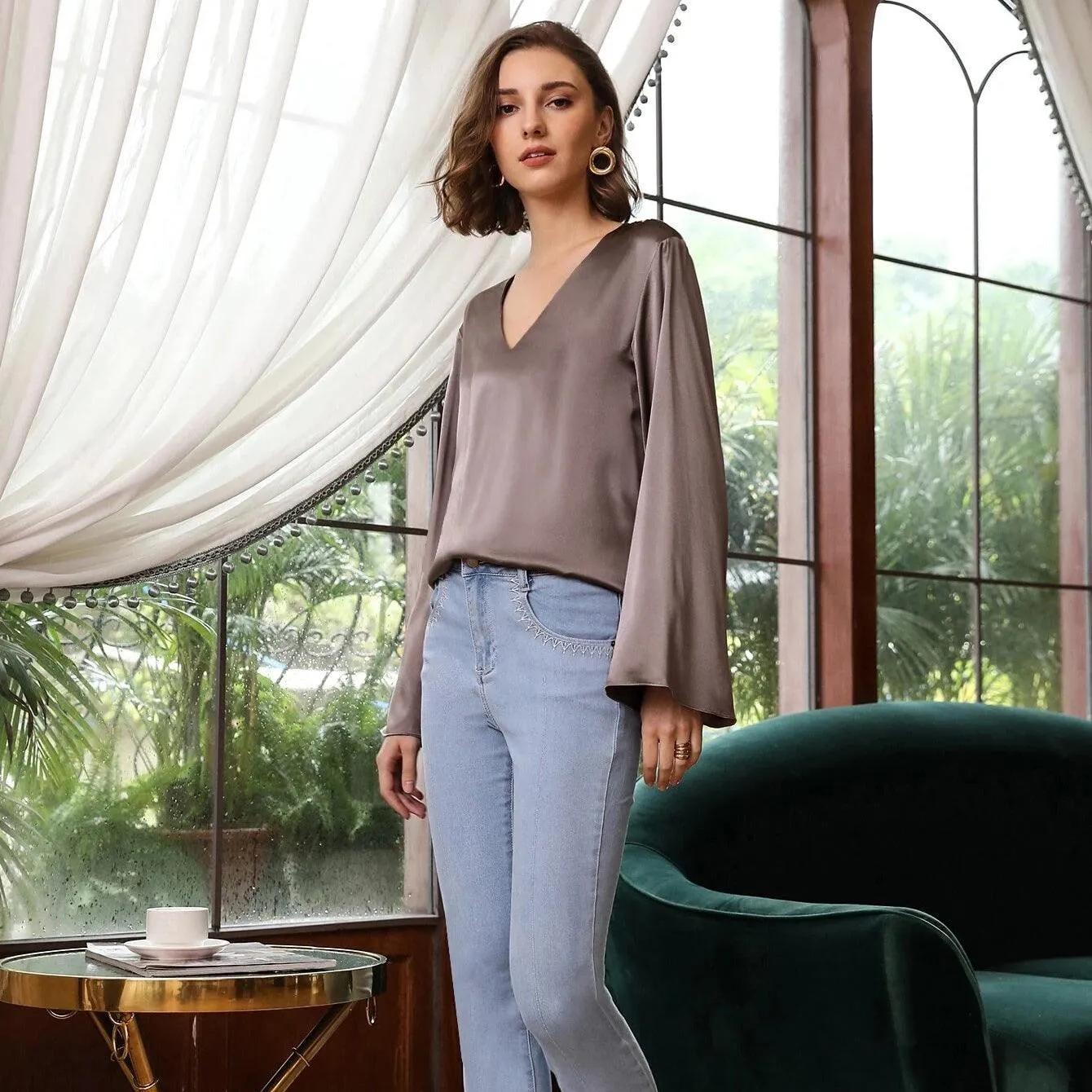 Elegant Womens 100% Mulberry Silk Blouse 100% Mulberry Silk Top Long Sleeves Silk Shirt
