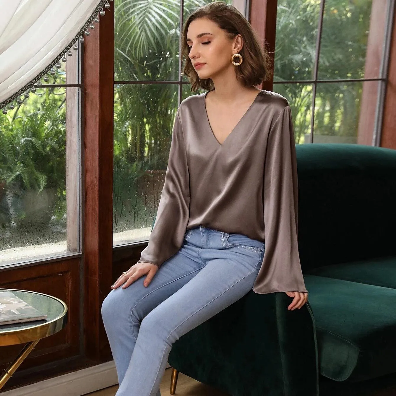 Elegant Womens 100% Mulberry Silk Blouse 100% Mulberry Silk Top Long Sleeves Silk Shirt