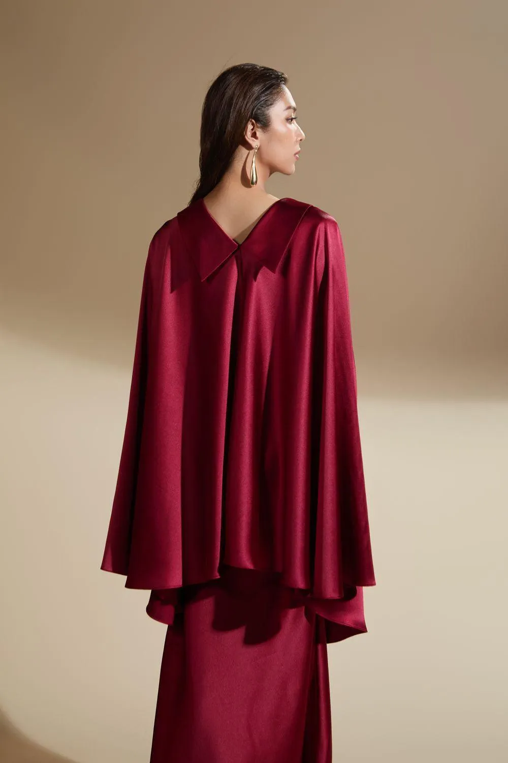 Emmalyn Flared Batwing Sleeved Silk Satin Mini Dress