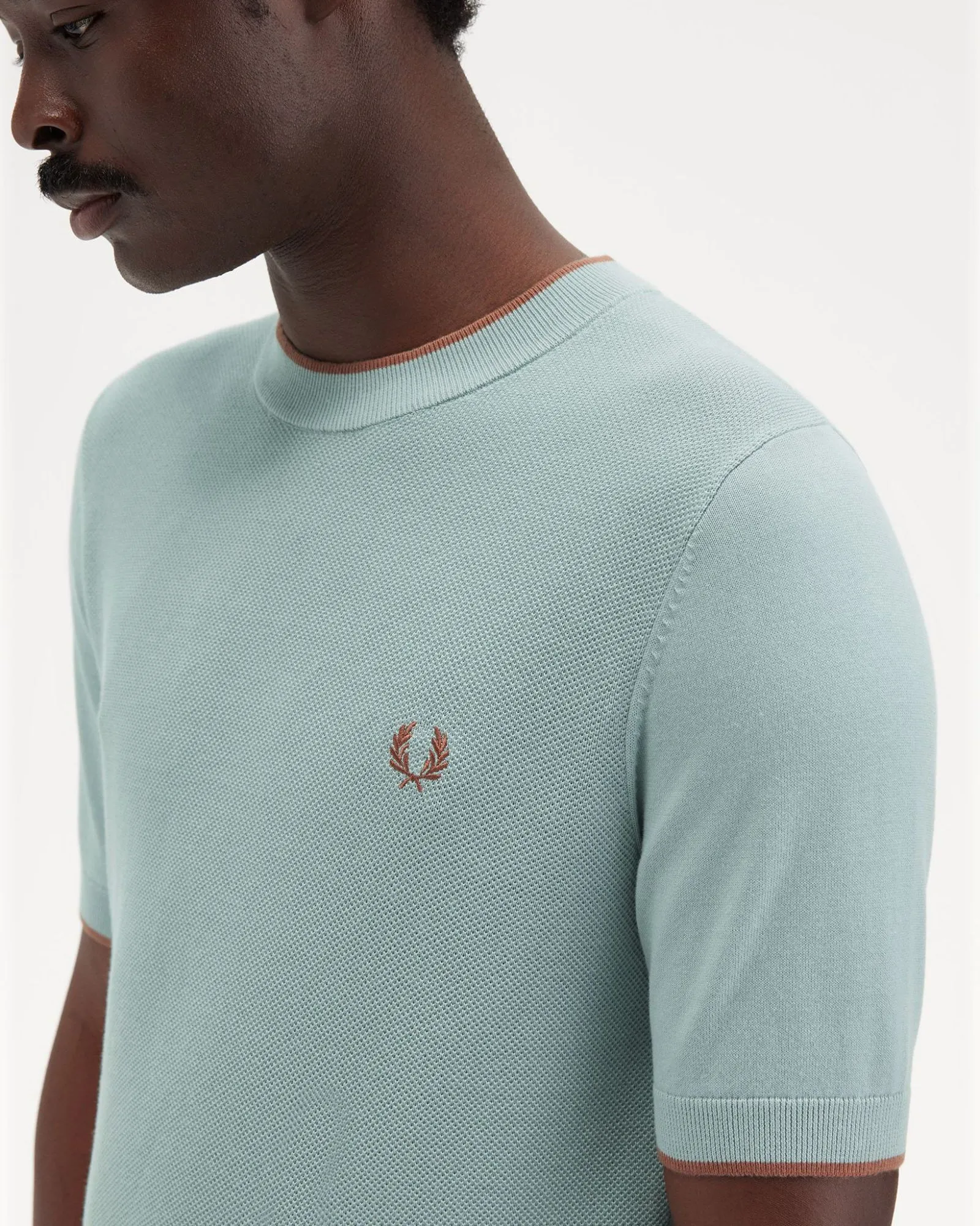 Fred Perry Texture Front Knitted T Shirt - Silver Blue