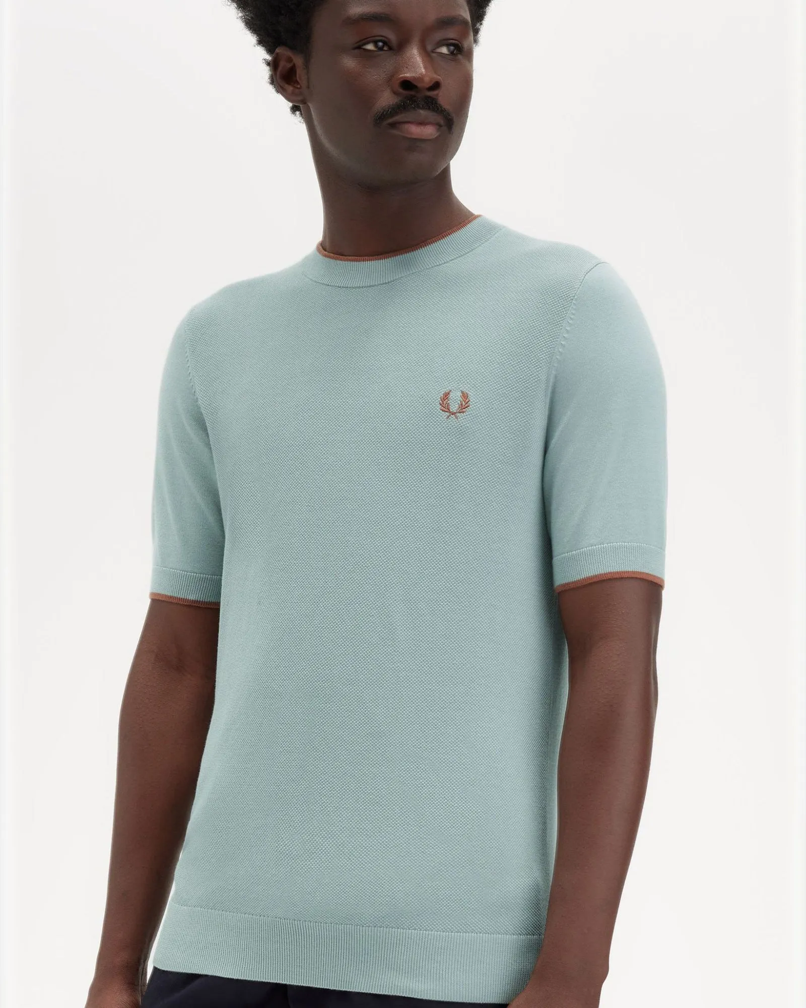 Fred Perry Texture Front Knitted T Shirt - Silver Blue