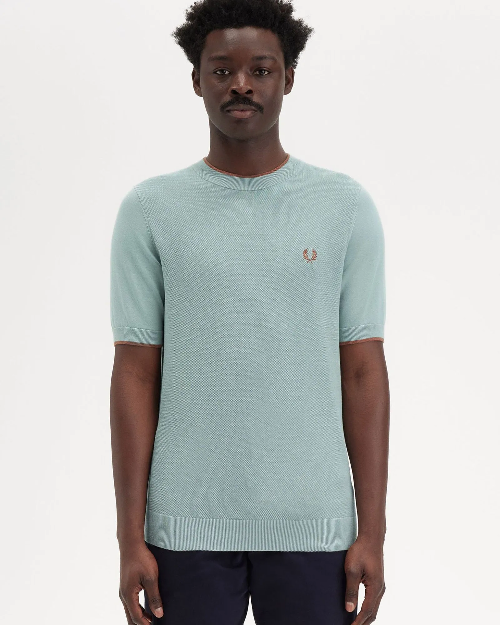 Fred Perry Texture Front Knitted T Shirt - Silver Blue