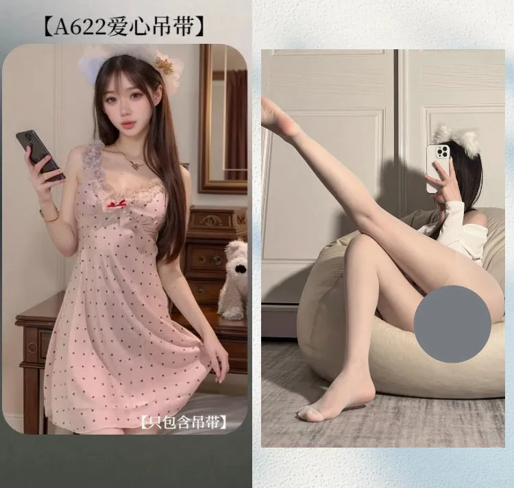 French Style Spaghetti Strap Dress Ice Silk Nightdress Pink Heart Lace Girl Summer Thin Pure Desire Style