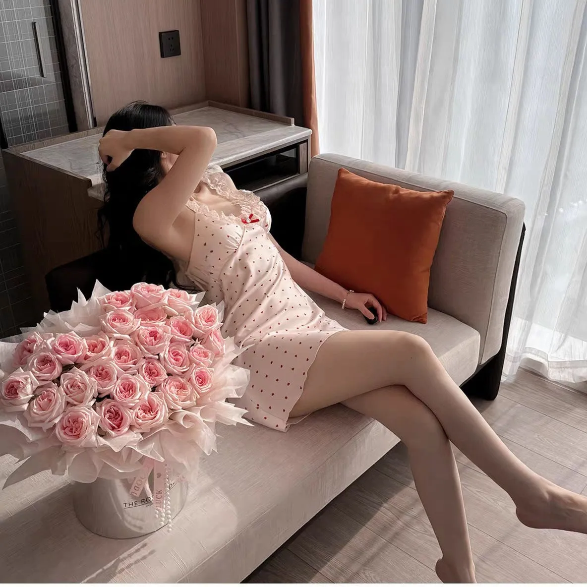 French Style Spaghetti Strap Dress Ice Silk Nightdress Pink Heart Lace Girl Summer Thin Pure Desire Style
