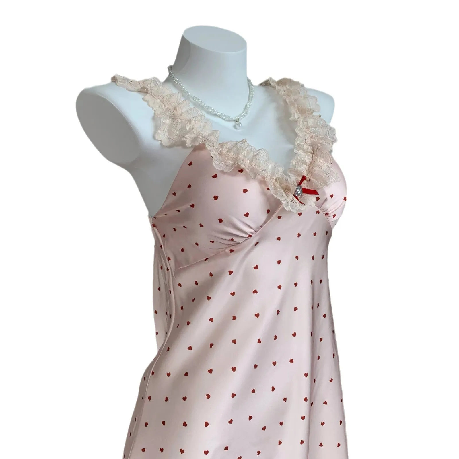 French Style Spaghetti Strap Dress Ice Silk Nightdress Pink Heart Lace Girl Summer Thin Pure Desire Style