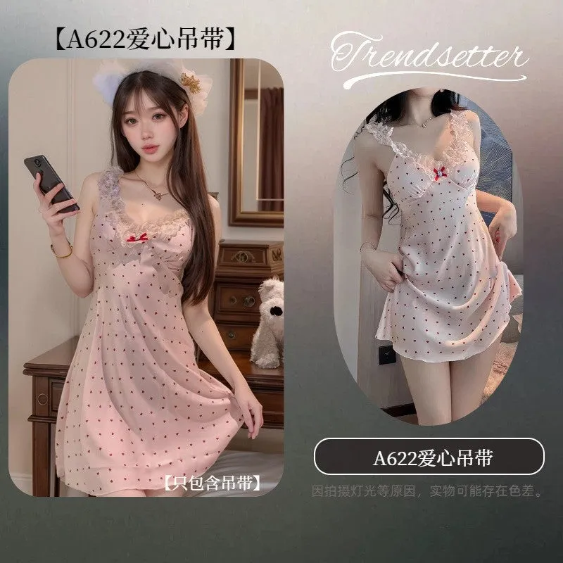 French Style Spaghetti Strap Dress Ice Silk Nightdress Pink Heart Lace Girl Summer Thin Pure Desire Style