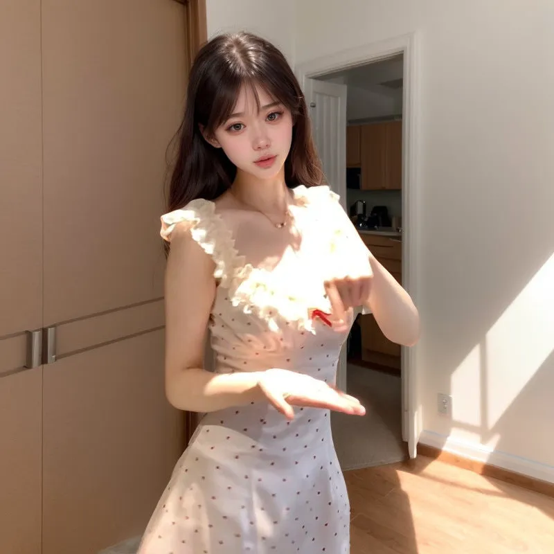 French Style Spaghetti Strap Dress Ice Silk Nightdress Pink Heart Lace Girl Summer Thin Pure Desire Style