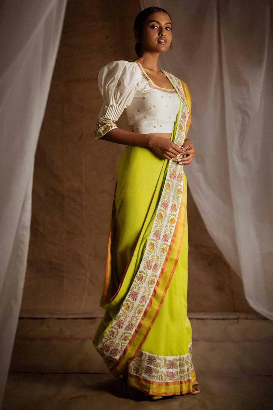 Green Embroidered Saree & Blouse Set