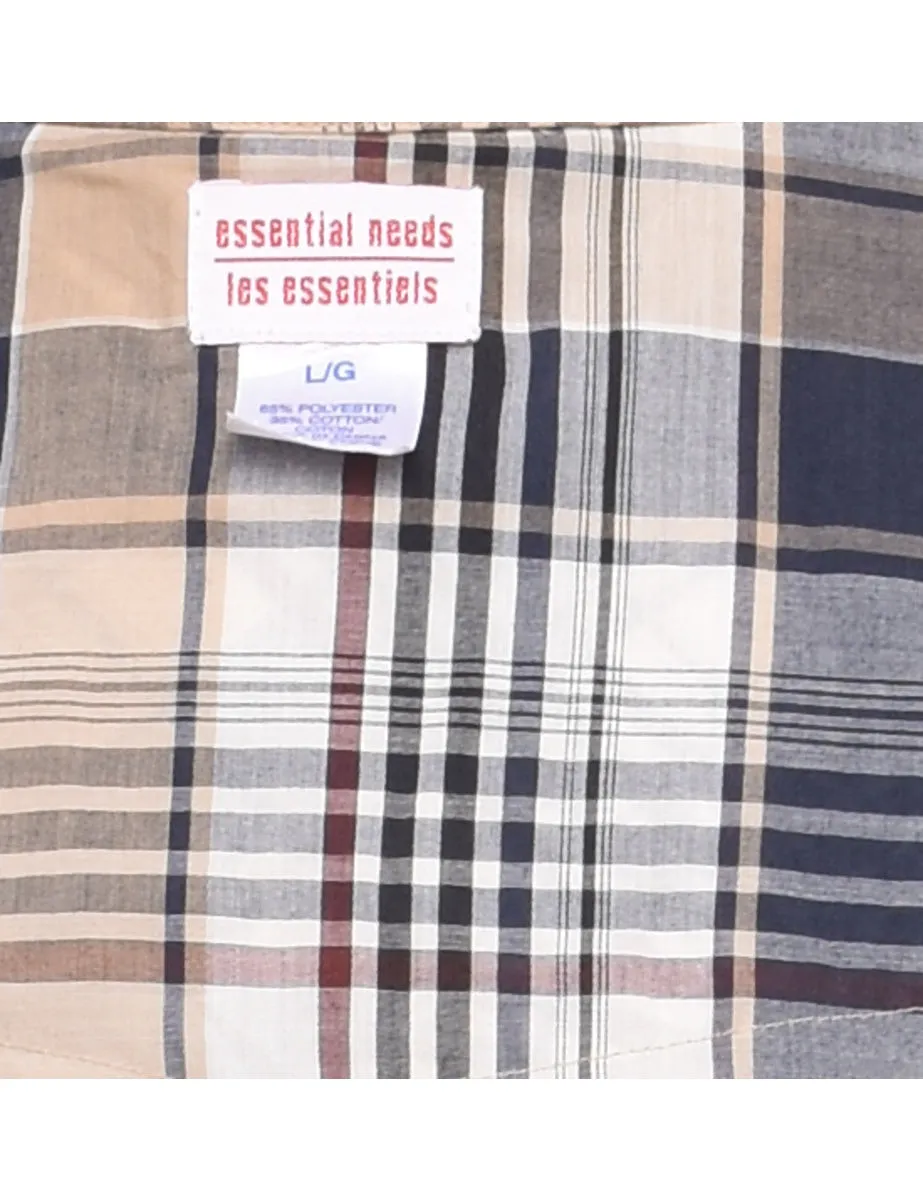 Long-Sleeved Beige & Navy Checked Shirt - L