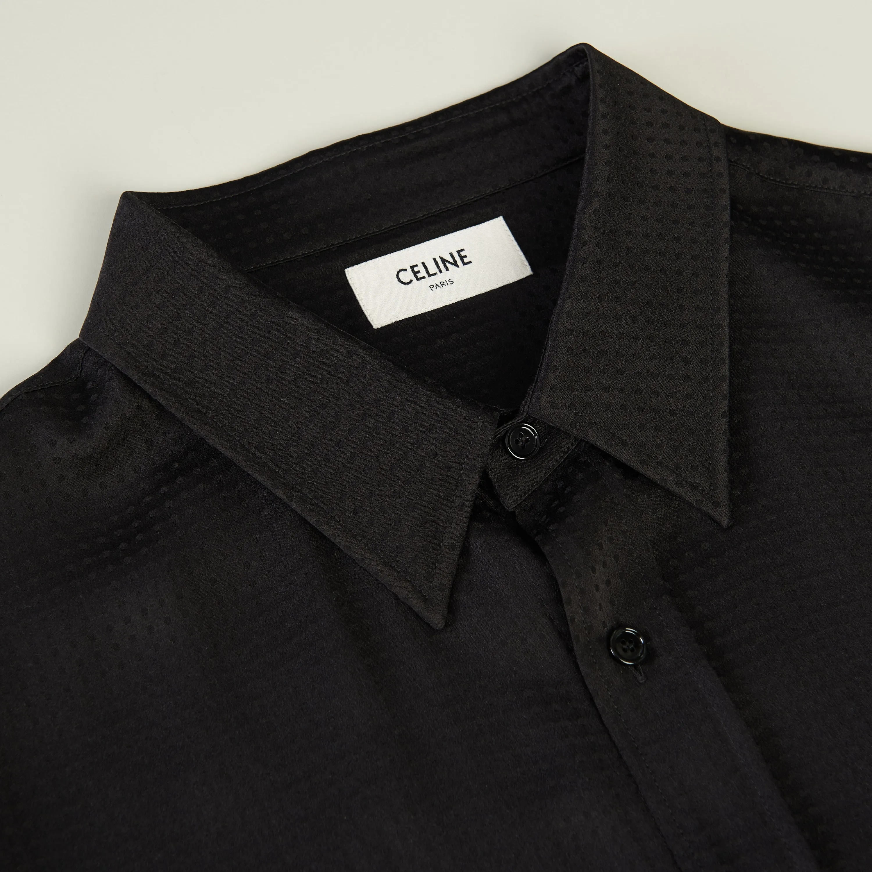 Loose Shirt With Drugstore Collar In Shiny Matte Polka Dot Micro Print Silk