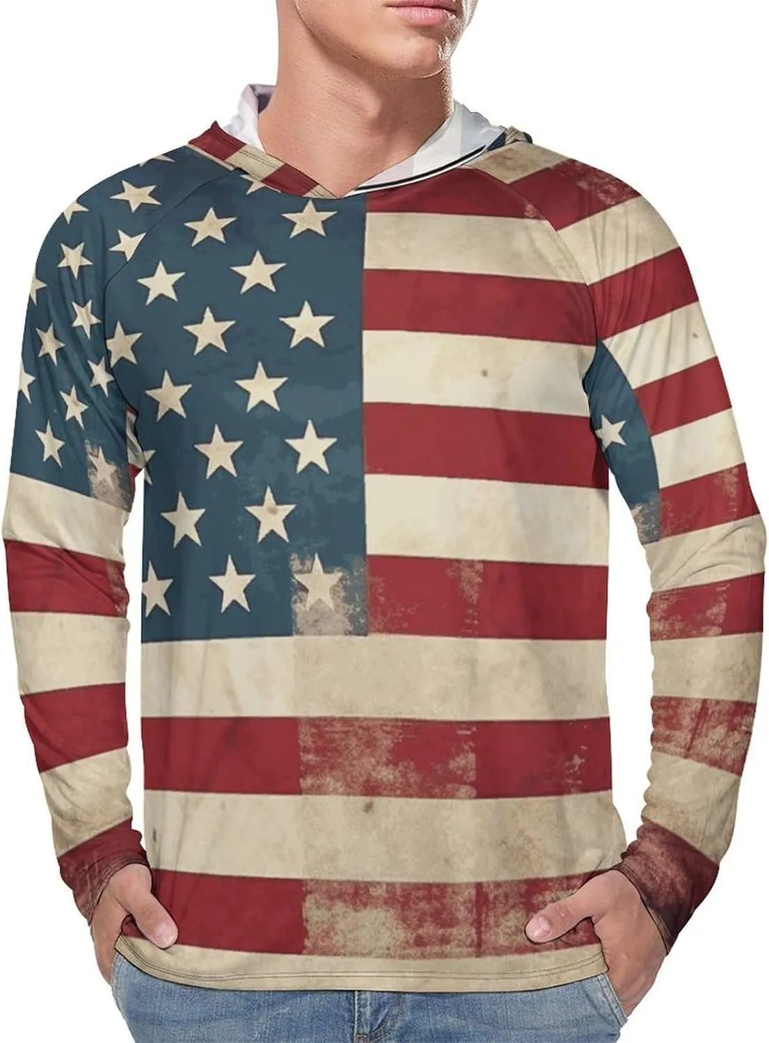 Men's UPF 50  Sun Protection Hoodie Outdoor UV Shirts Vintage American USA Flag Long Sleeve Quick Dry Fishing Hiking Shirt