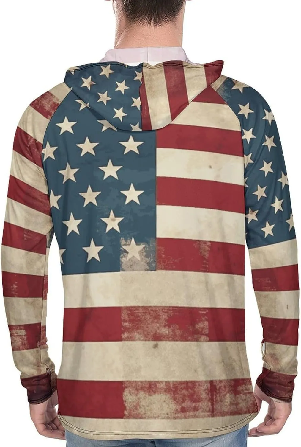 Men's UPF 50  Sun Protection Hoodie Outdoor UV Shirts Vintage American USA Flag Long Sleeve Quick Dry Fishing Hiking Shirt