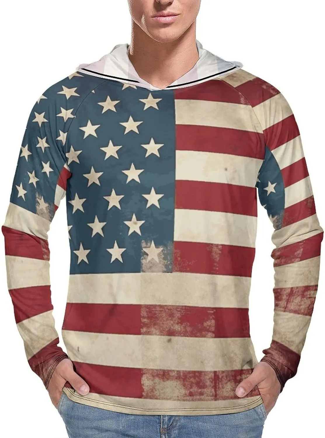 Men's UPF 50  Sun Protection Hoodie Outdoor UV Shirts Vintage American USA Flag Long Sleeve Quick Dry Fishing Hiking Shirt