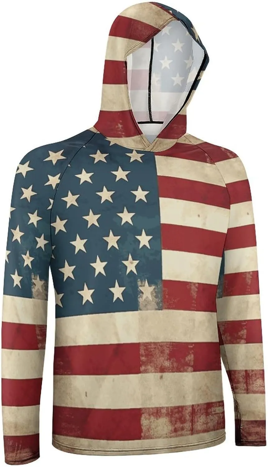 Men's UPF 50  Sun Protection Hoodie Outdoor UV Shirts Vintage American USA Flag Long Sleeve Quick Dry Fishing Hiking Shirt