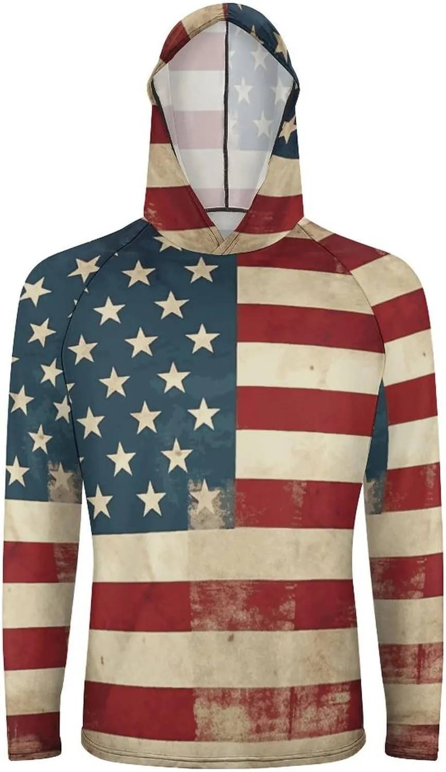 Men's UPF 50  Sun Protection Hoodie Outdoor UV Shirts Vintage American USA Flag Long Sleeve Quick Dry Fishing Hiking Shirt