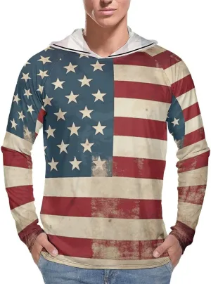 Men's UPF 50  Sun Protection Hoodie Outdoor UV Shirts Vintage American USA Flag Long Sleeve Quick Dry Fishing Hiking Shirt