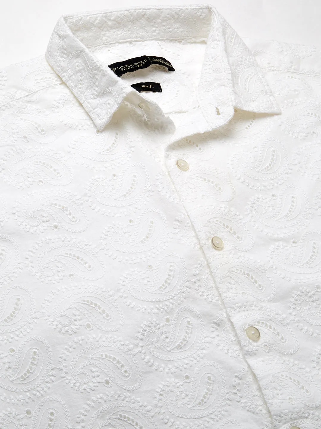 Men's White 100% Cotton Slim Fit Embroidered Shirt
