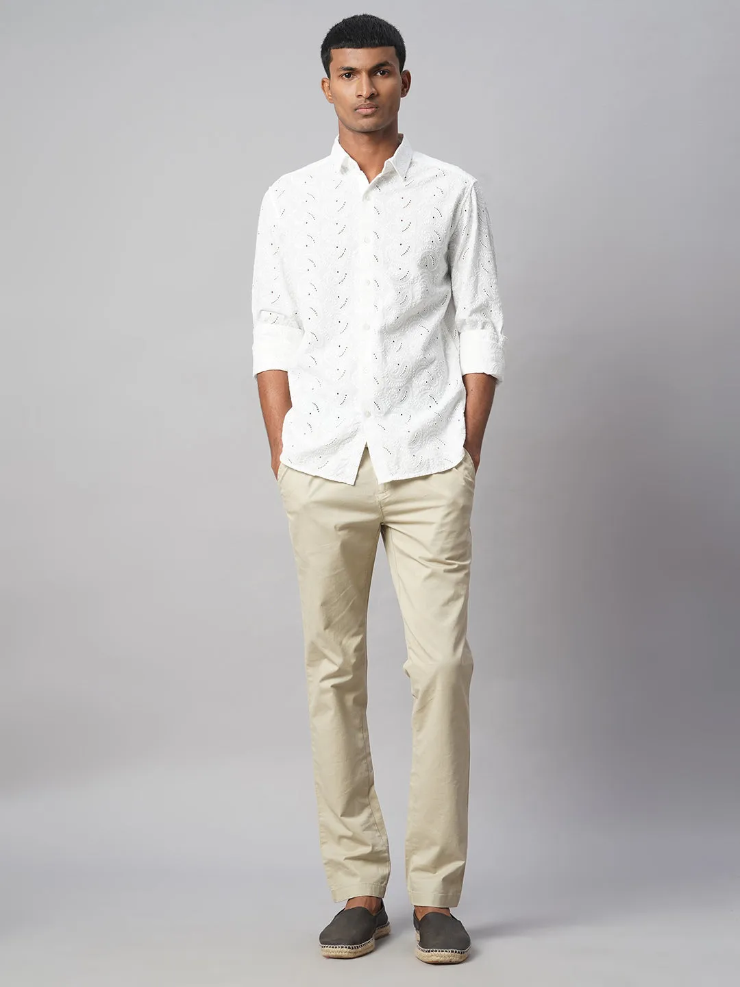 Men's White 100% Cotton Slim Fit Embroidered Shirt