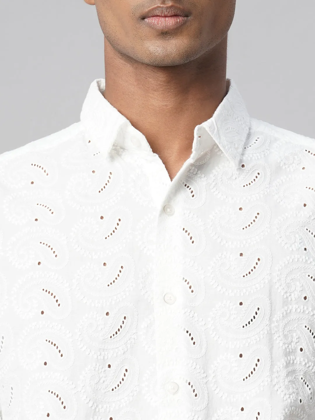 Men's White 100% Cotton Slim Fit Embroidered Shirt