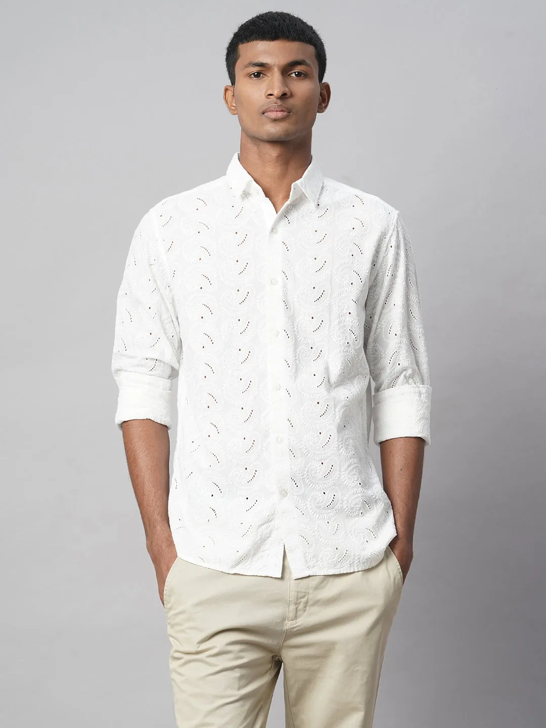 Men's White 100% Cotton Slim Fit Embroidered Shirt
