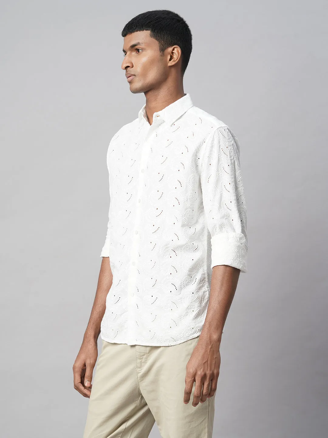 Men's White 100% Cotton Slim Fit Embroidered Shirt