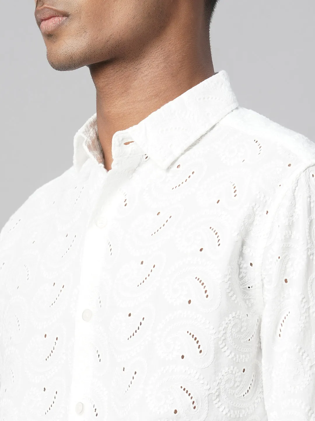 Men's White 100% Cotton Slim Fit Embroidered Shirt