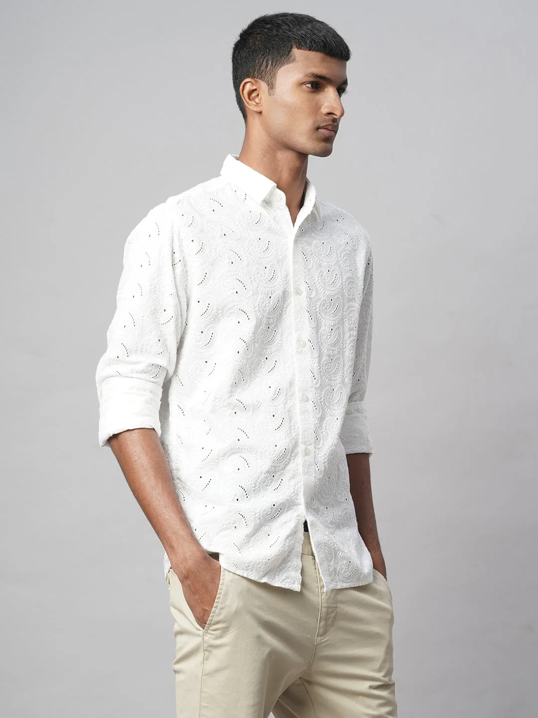 Men's White 100% Cotton Slim Fit Embroidered Shirt