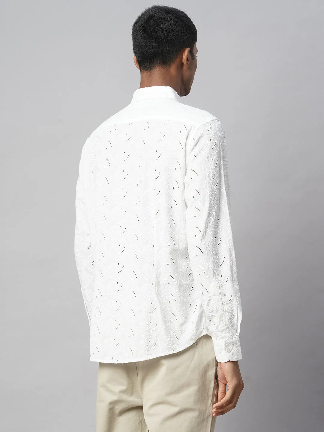 Men's White 100% Cotton Slim Fit Embroidered Shirt