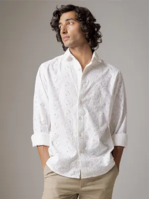 Men's White 100% Cotton Slim Fit Embroidered Shirt