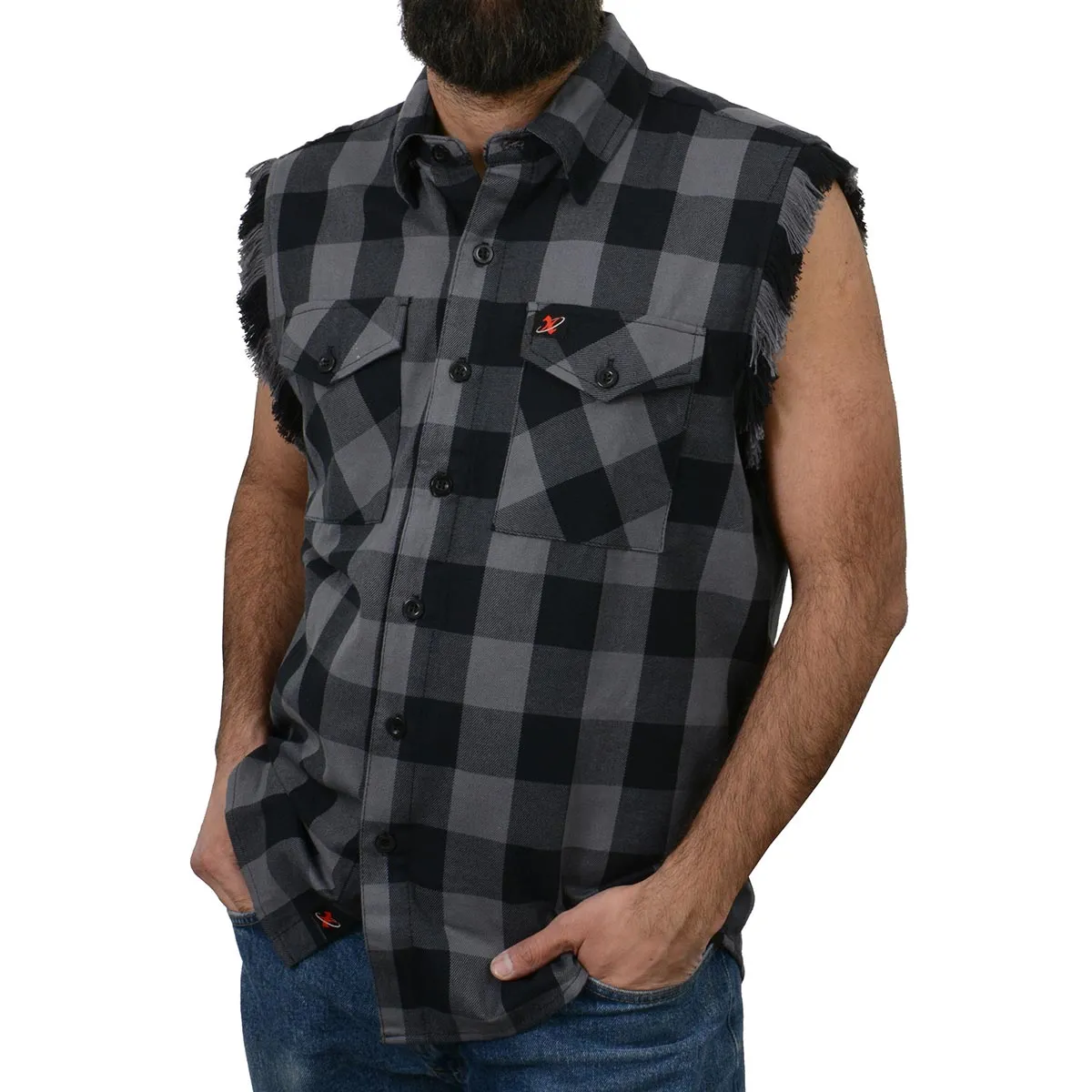 Milwaukee Leather MNG11689 Mens Black and Red Cut Off Flannel Shirt