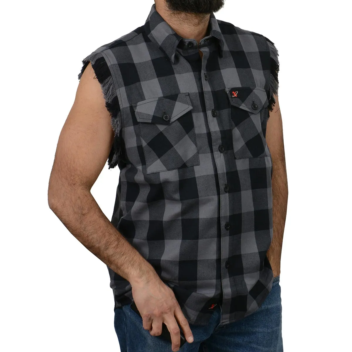 Milwaukee Leather MNG11689 Mens Black and Red Cut Off Flannel Shirt