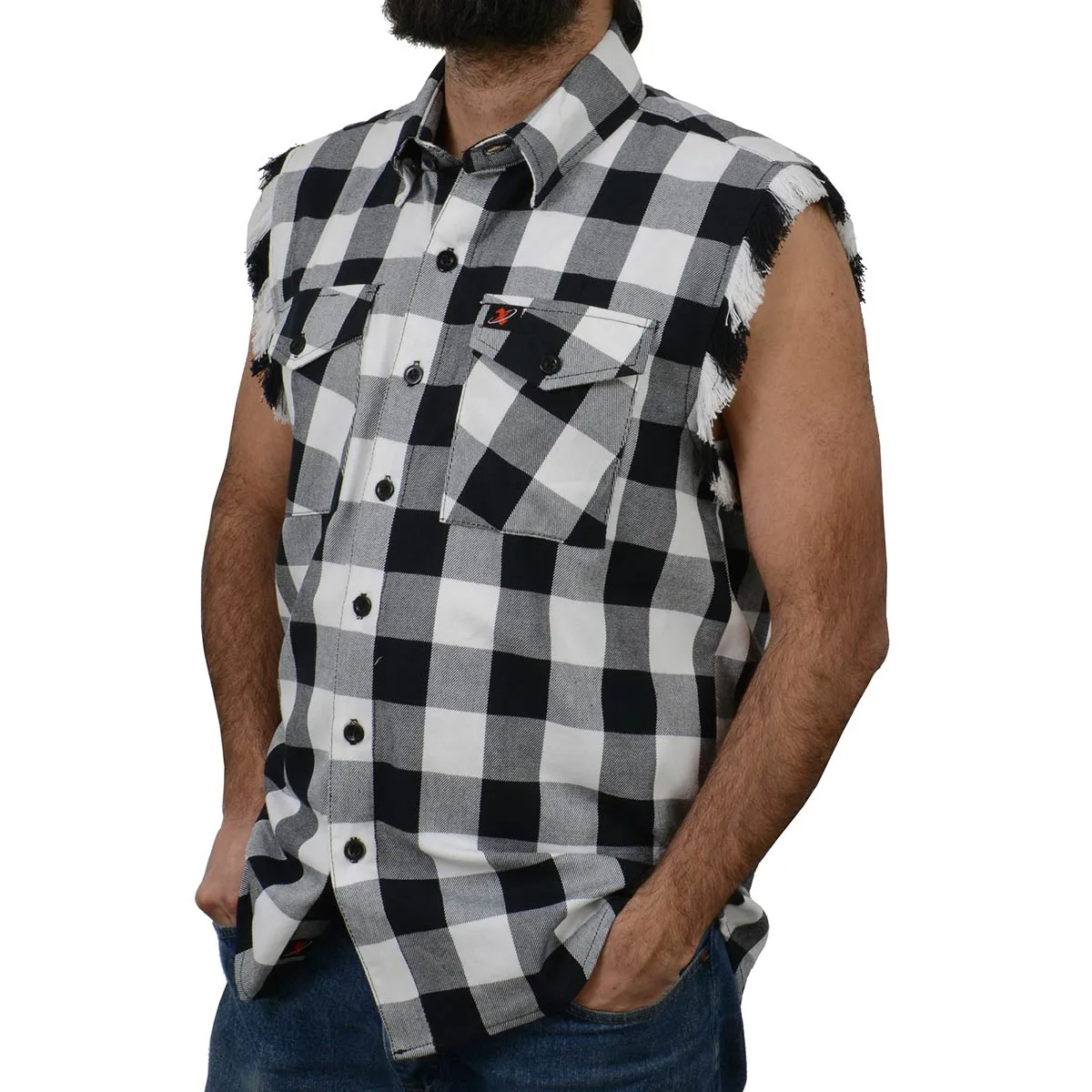 Milwaukee Leather MNG11690 Mens Black and White Cut Off Flannel Shirt