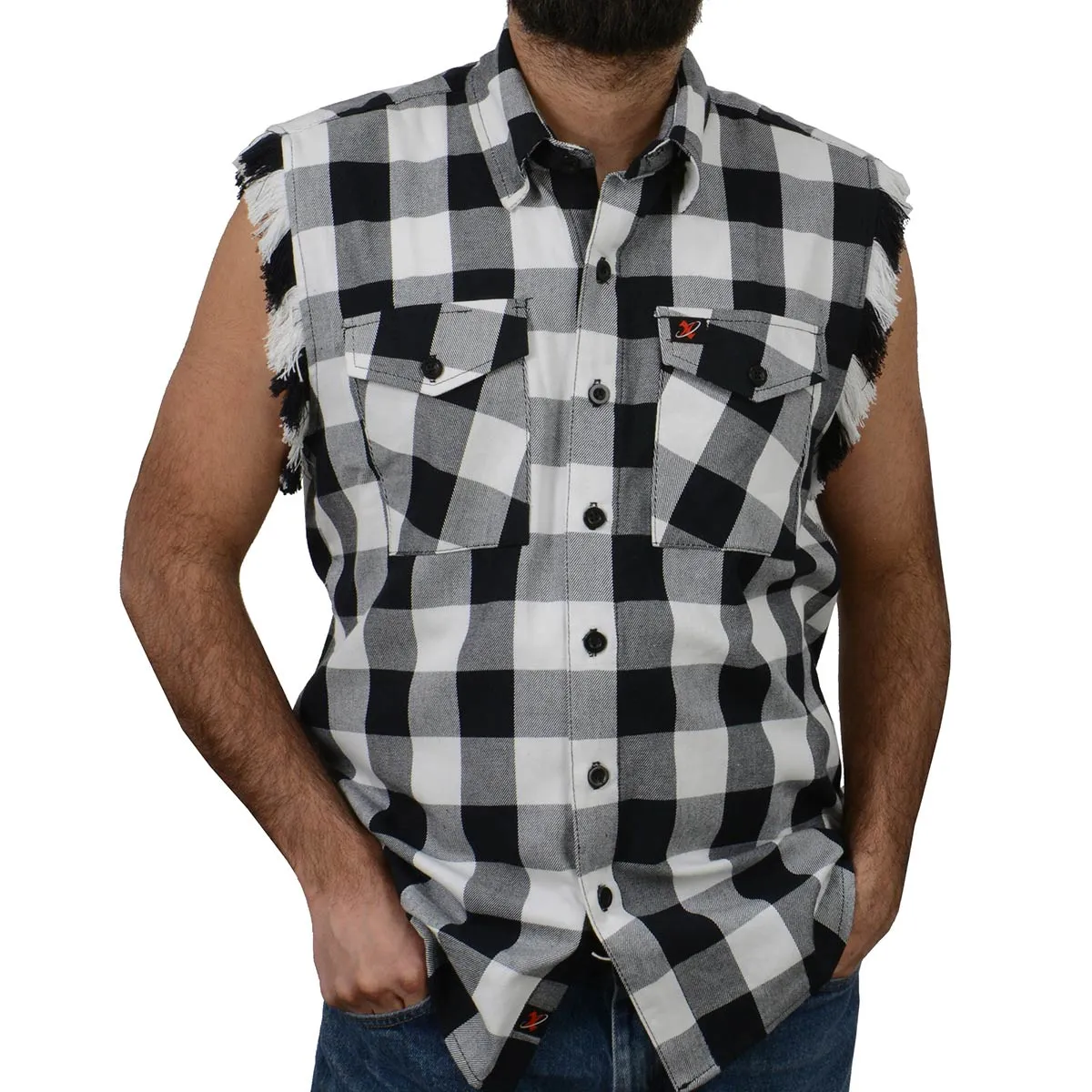 Milwaukee Leather MNG11690 Mens Black and White Cut Off Flannel Shirt