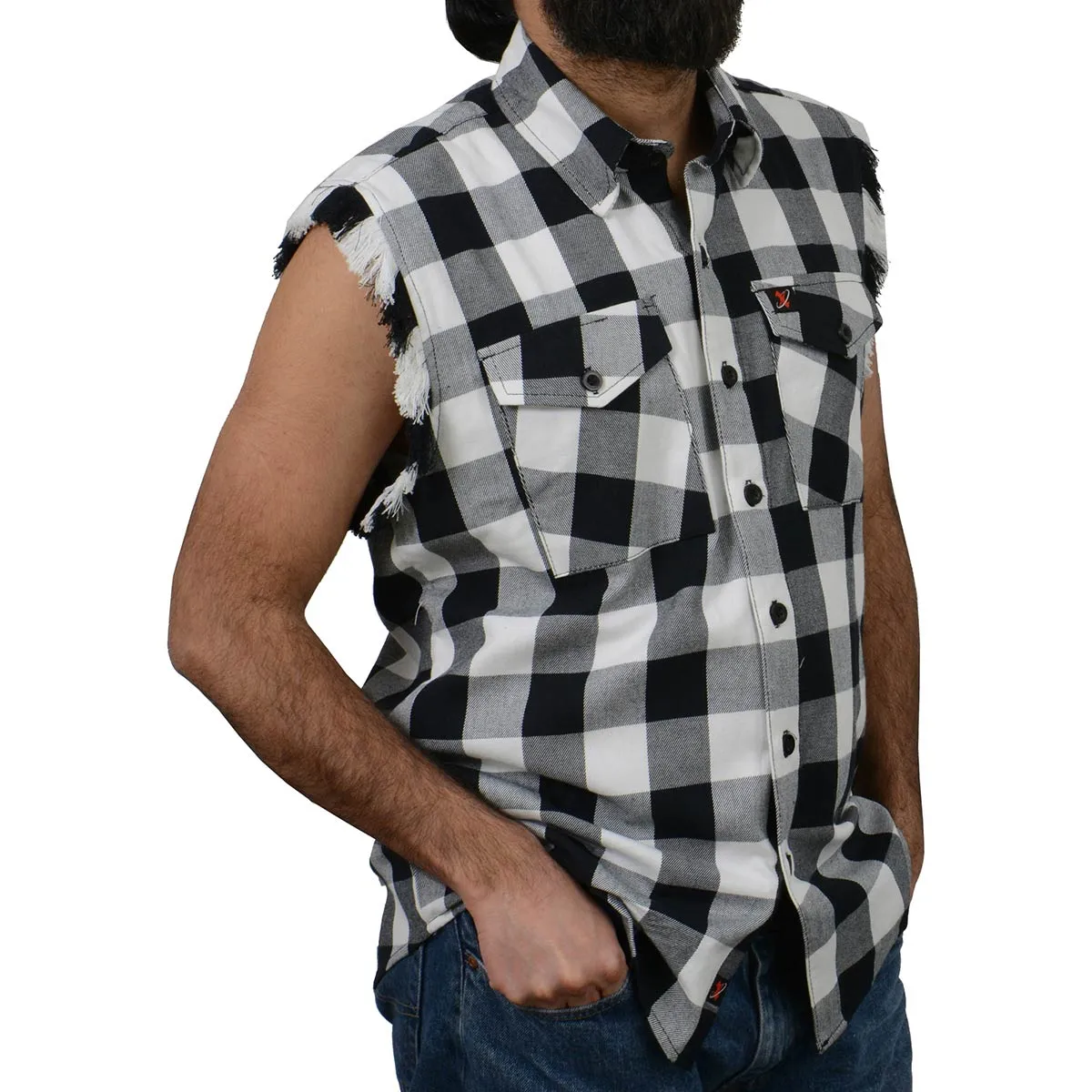 Milwaukee Leather MNG11690 Mens Black and White Cut Off Flannel Shirt