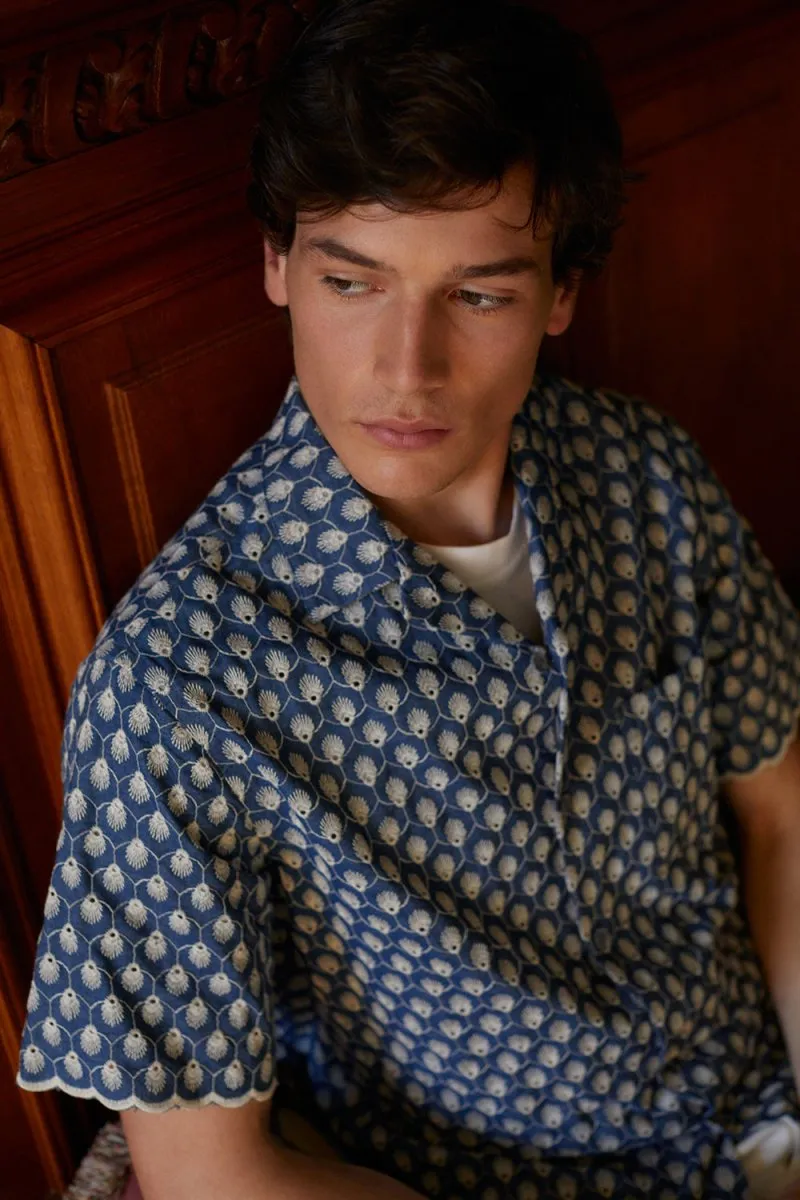 Portuguese Flannel Denim Embroidery Shirt (Blue)