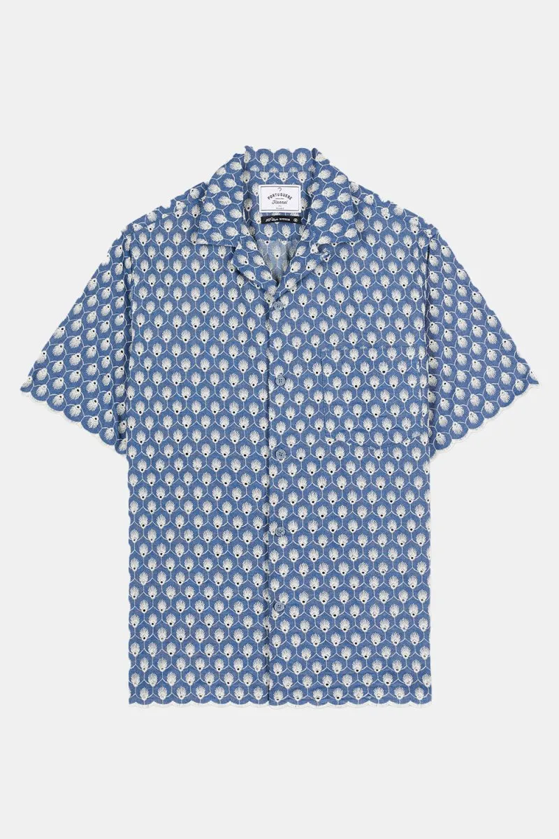 Portuguese Flannel Denim Embroidery Shirt (Blue)