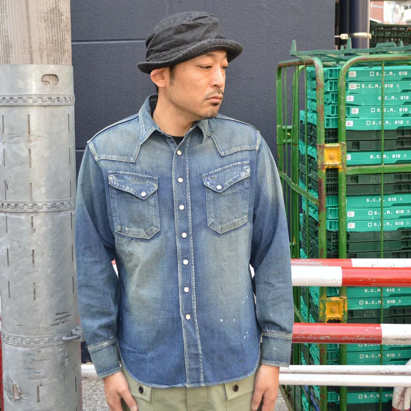 SUGAR CANE "SC29475" Blue Denim L/S Western Shirt Aged Model