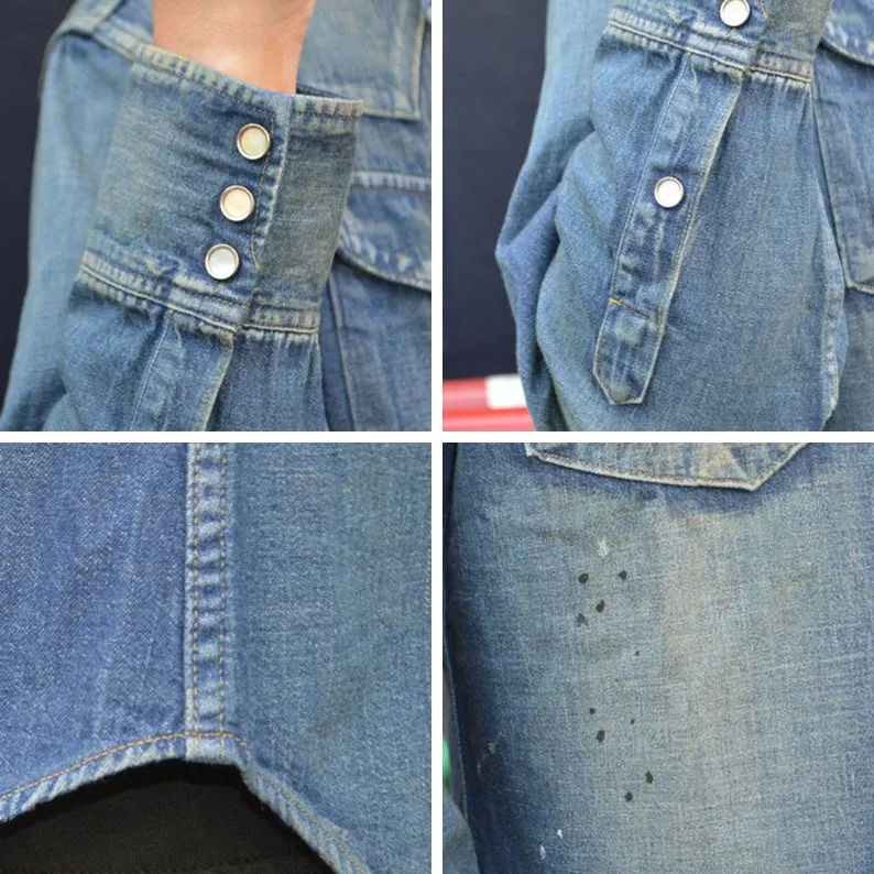 SUGAR CANE "SC29475" Blue Denim L/S Western Shirt Aged Model