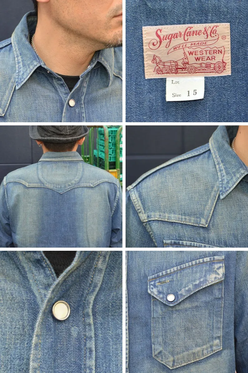 SUGAR CANE "SC29475" Blue Denim L/S Western Shirt Aged Model