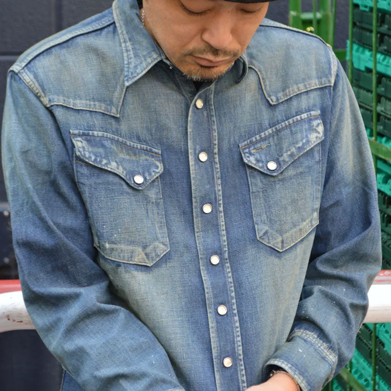 SUGAR CANE "SC29475" Blue Denim L/S Western Shirt Aged Model