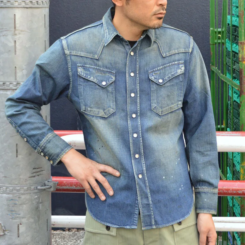SUGAR CANE "SC29475" Blue Denim L/S Western Shirt Aged Model