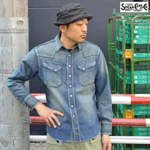 SUGAR CANE "SC29475" Blue Denim L/S Western Shirt Aged Model