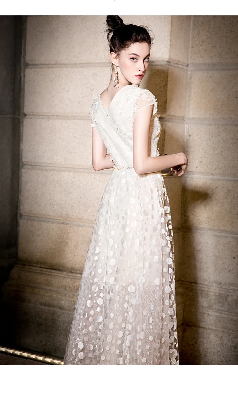 White polka dot mesh fabric midi dress- Coline