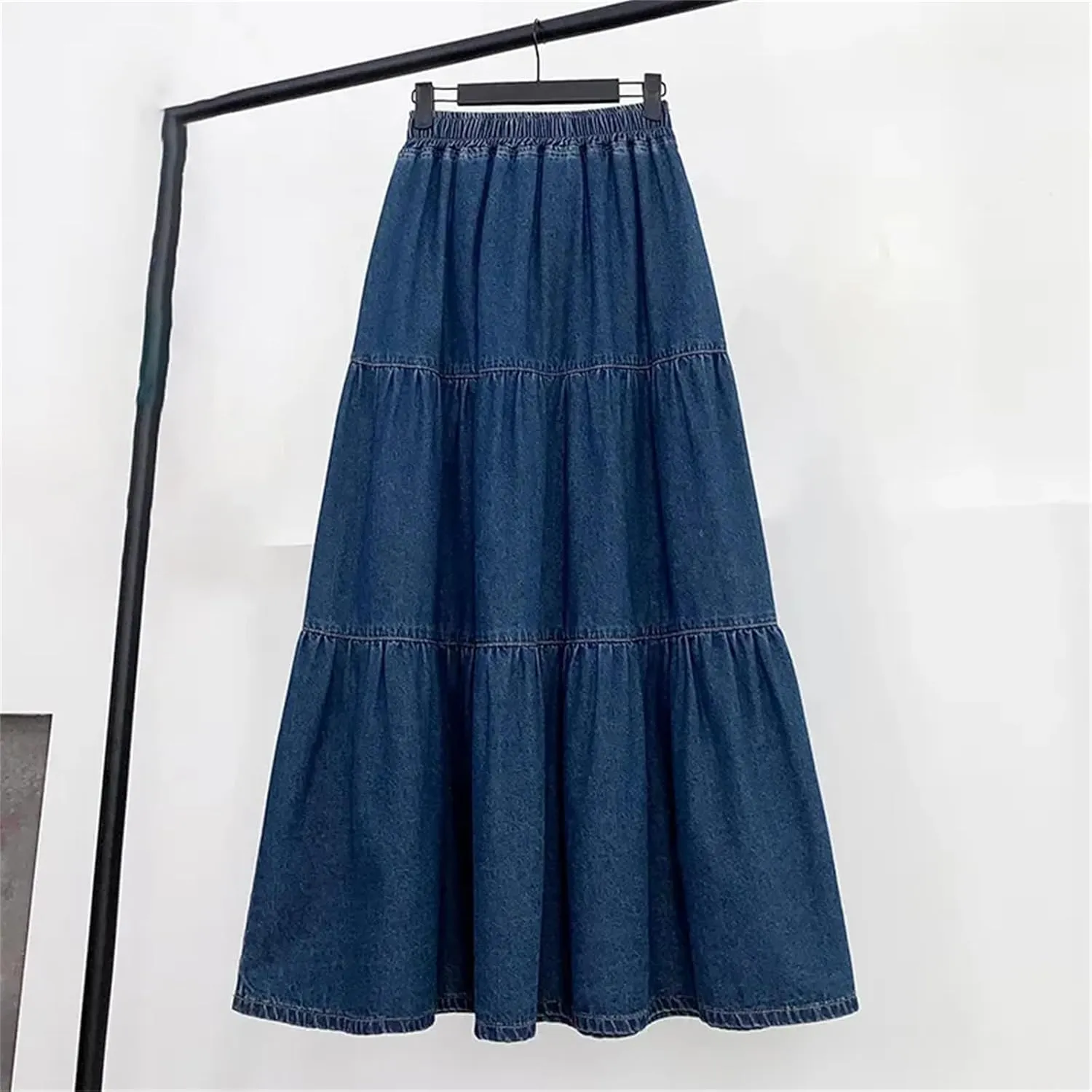 Women's Midi Denim Skirt Solid Elastic High Waist Pleated Layers A-Line Fluffy Umbrella Skirt